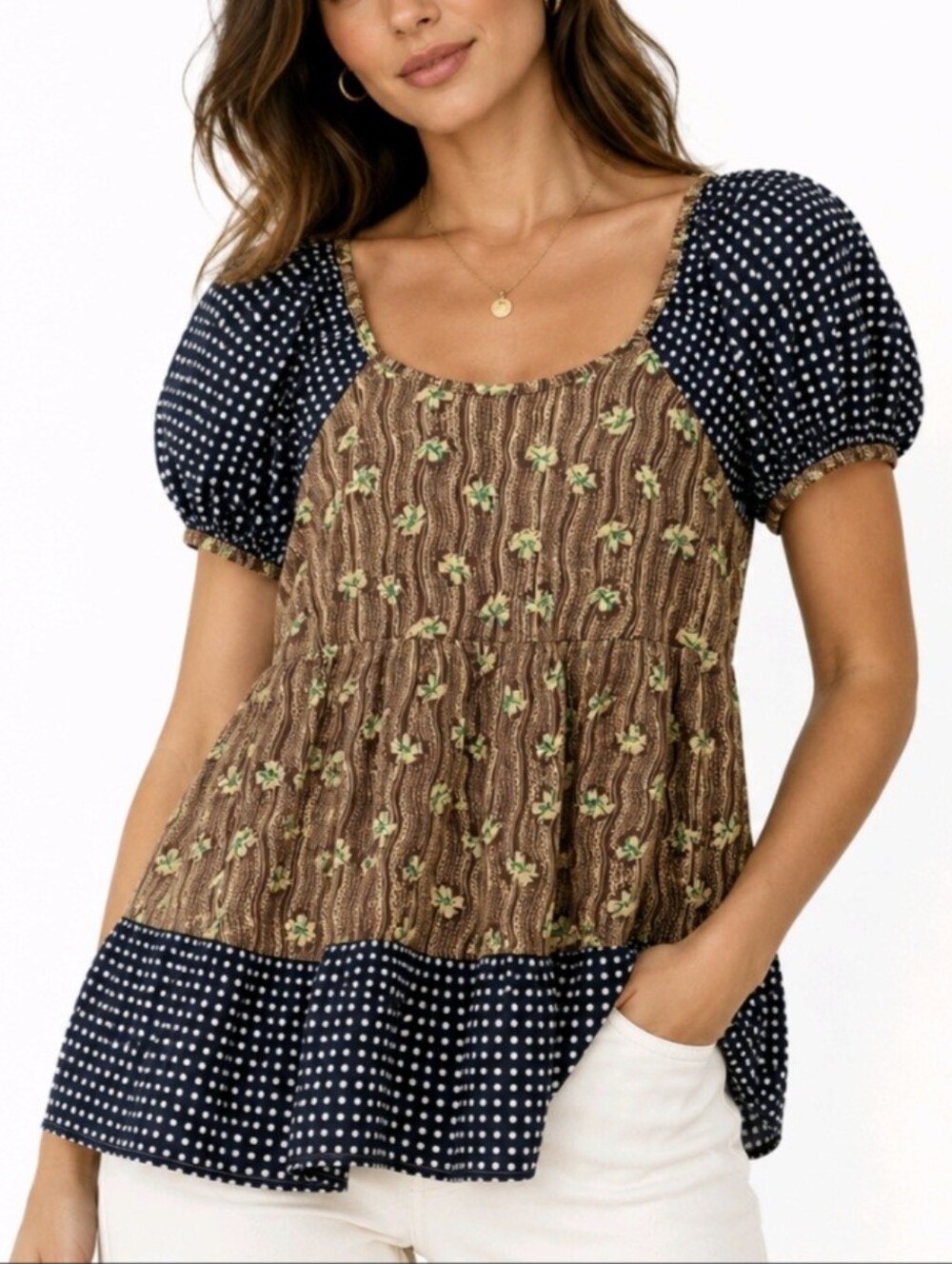 Manoush Mari Top Floral Polka Dot Silk Peasant Short Puff Sleeves Size S NEW